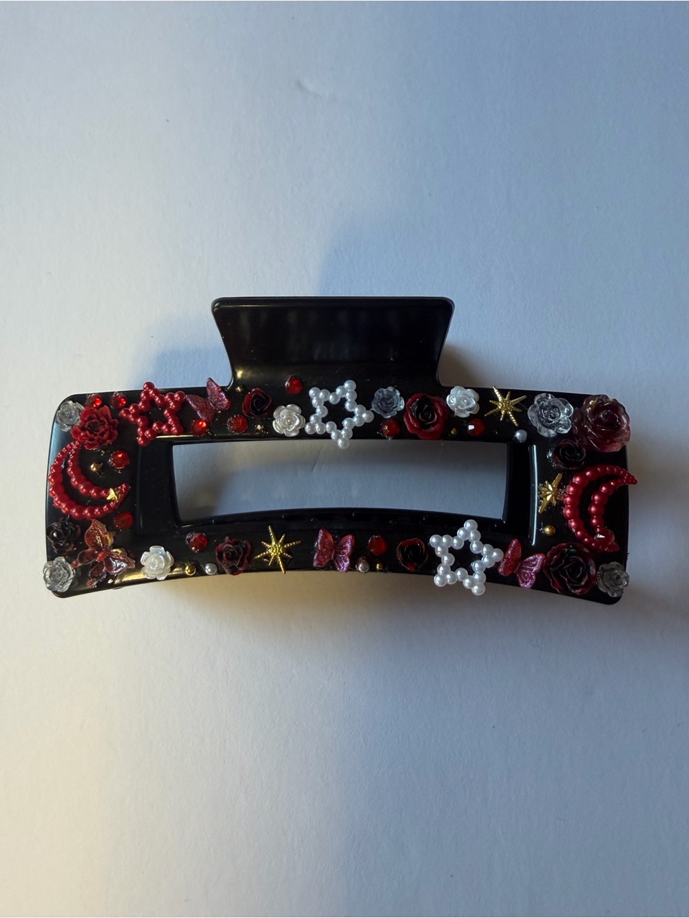 Black Decorative Large Hair Claw Clip with Red and Pearl Accents